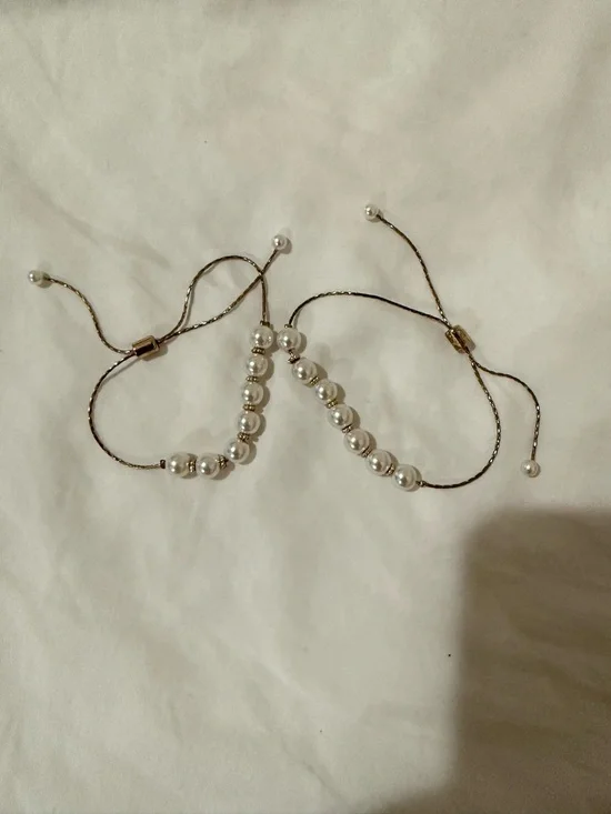 Pearl Bead Adjustable Bracelet - White Pearls on Gold Cord - Picture 1 of 2